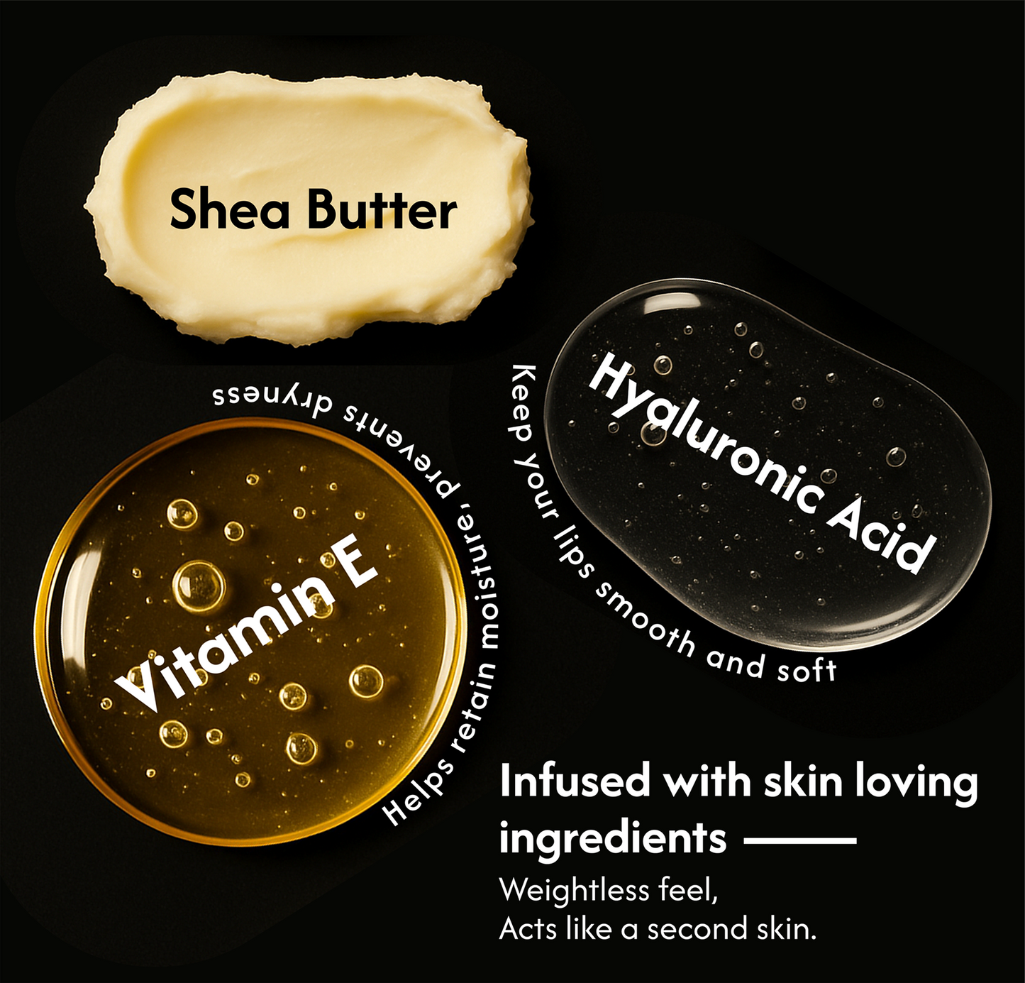 Shea butter, vitamin E, and hyaluronic acid on a black background with text describing their benefits.