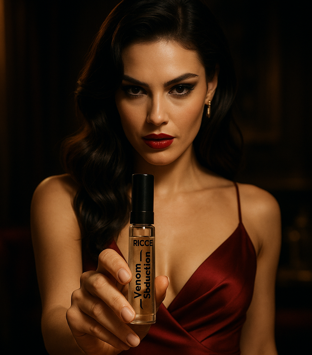 Model holding Riceē (Ricee) Venom Seduction – long-lasting seductive fragrance for Indian women