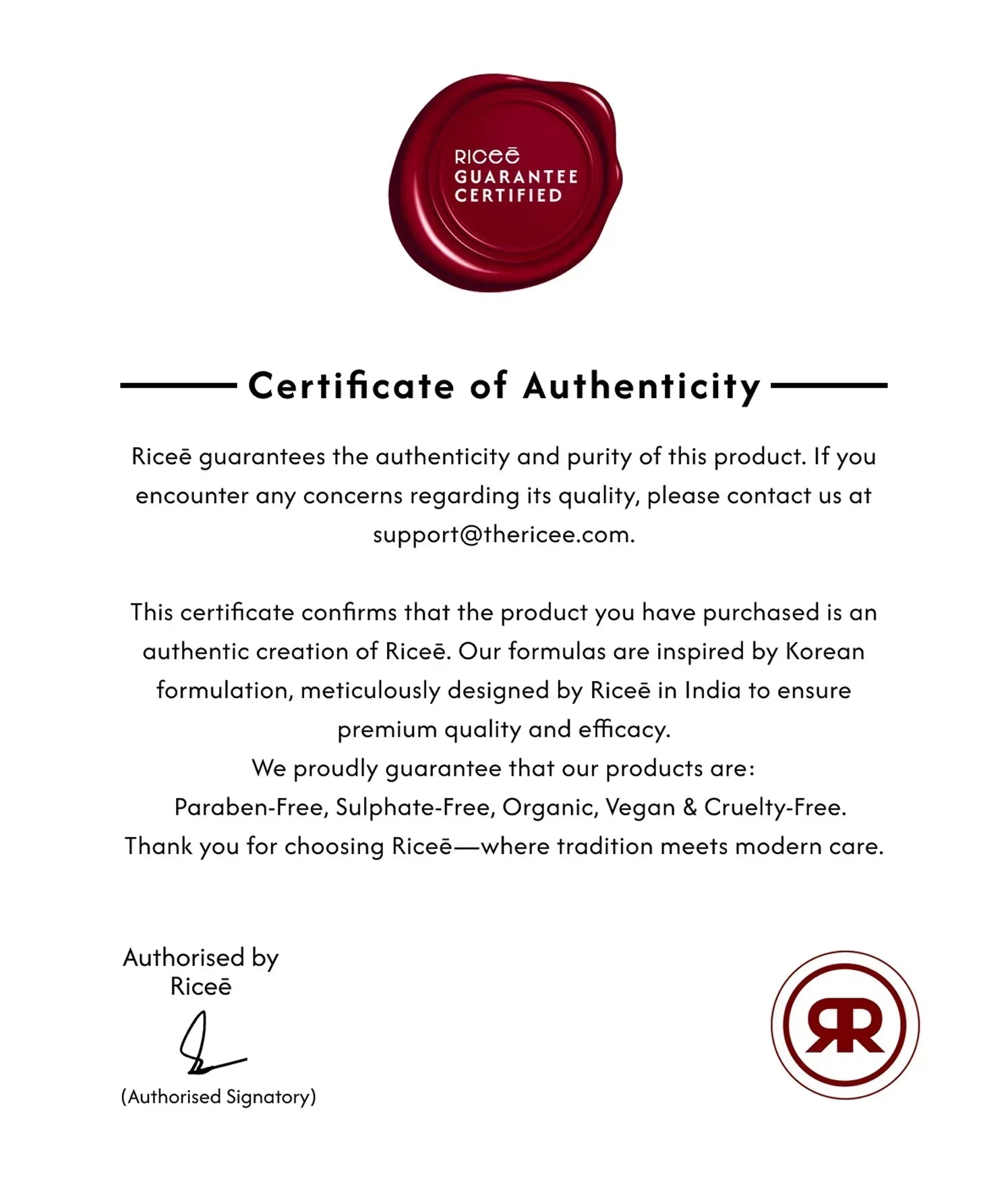 Certificate of Authenticity for a product by Riceé with a red container on a white background.