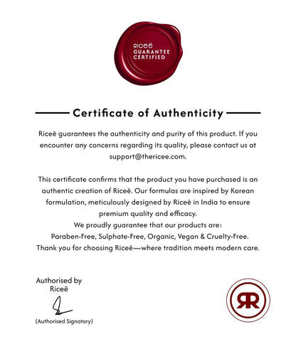 Certificate of Authenticity for a product by Riceé with a red container on a white background.